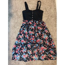 Forever 21 Black Denim Floral Print Button Front Dress Strappy Summer Midi