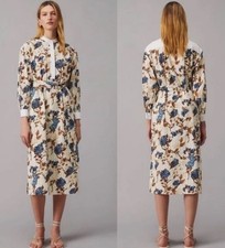 TORY BURCH FLORAL TUNIC COTTON BLUE CREAM MIDI DRESS SIZE LARGE *NO BELT*