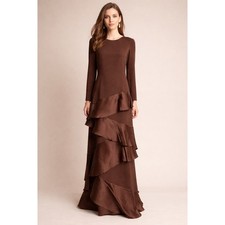 VTG Carolina Herrera Bergdorf Goodman Brown Silk Gown Long Sleeve Tiered Sz 14