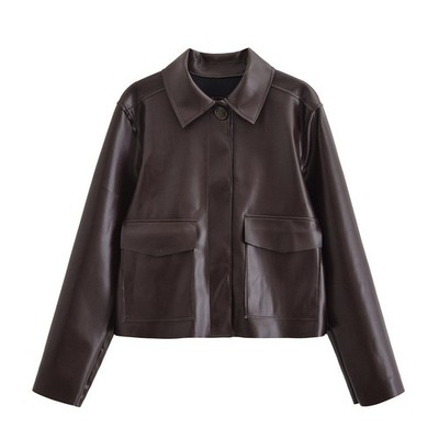Autumn New, Lapel Large Pocket Tooling Jacket PU Leather 3d Loose Sleeve Jacket