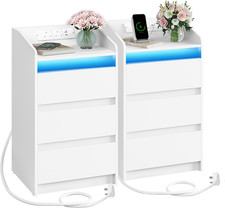 Bedside Tables Set of 2 Nightstand 3 Drawer Charging Station LED USB Oak Table