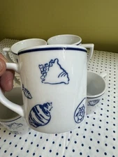 Set Of 8 Rosanna Elliot Mugs Bay Collection Blue Seashells Crafted Poland 90’s