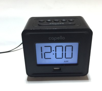 Capello Black Compact Digital Alarm Clock USB Charging Port with AC Adapter