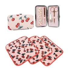 Vintage Cosmetic Company Cherry Print Manicure Purse & Microfiber Wash Cloths