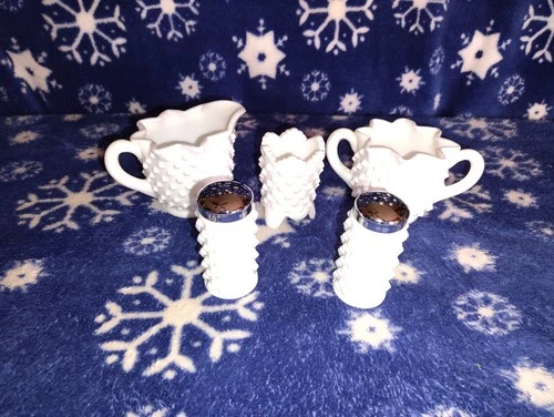 VTG White Milk Glass Hobnail Creamer Sugar Bowl  Salt Pepper Shakers Toothpick