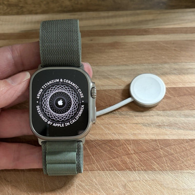 Apple Watch Ultra 49mm Titanium Case GPS Green Fabric/Canvas Band iOS Compatible