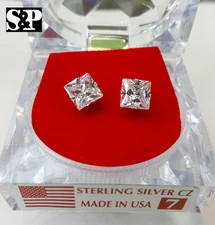 Made in USA .925 Sterling Silver Square Cut Clear Cubic Zirconia Stud Earrings