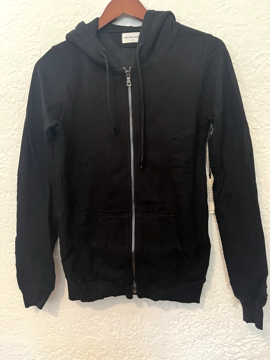 Cotton Citizen men zip hoodie Black distressed design silver zipper sz S new NWT