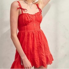 UO Gretchen Lace Trim Mini Dress Urban Outfitters Ruffle Buttondown Red New M