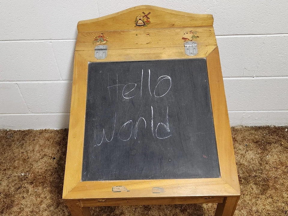 Kids School Desk Chalkboard Top Toy Box Storage Hinged Lid Homeschool Wood Vtg - Image 2 of 4