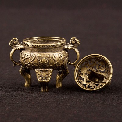 Antique Brass Three Legs Qilin Head Chinese Ancient Beast Censer Solid Copper