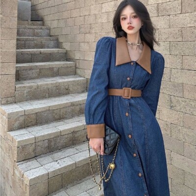 Retro Style Long Sleeve Waistband Denim Dress with Belt New Mid