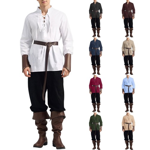 Medieval Renaissance Men Pirate Knight Shirt Top Lace Up Trousers Pants 2pcs Set
