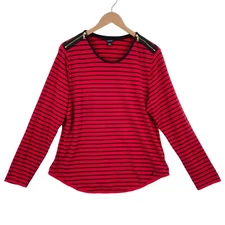 Nautica Blouse Top Womens XL Red Black Striped Knitted Cotton Shoulder Zipper
