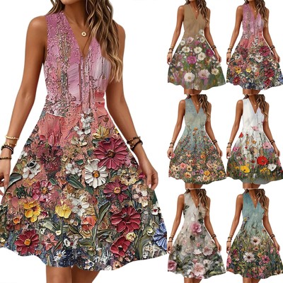 Elegantes Boho Blumen V Ausschnitt Ärmellos Sommerkleid für Damen Sommer Strand
