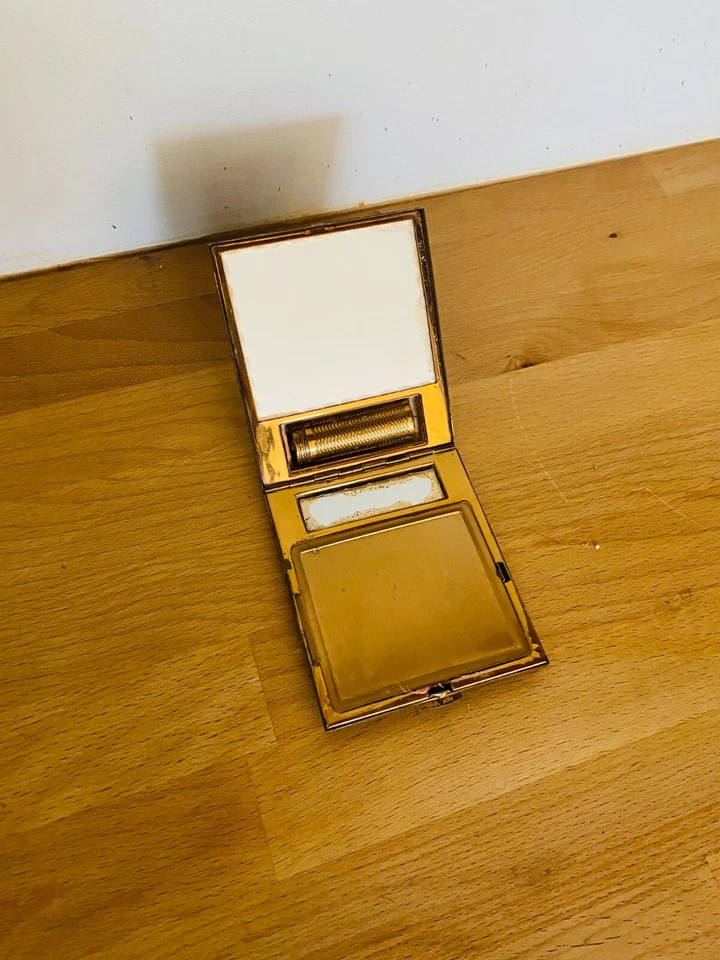Ancien poudrier de sac avec miroir + rouge à lèvres en métal doré – années 1940 - Photo 3/4