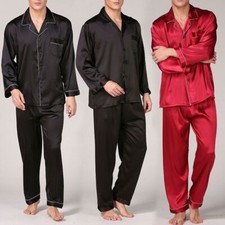 2PCS Herren Seide Satin Schlafanzug Pyjama Satz Lang Arm Nachtwäsche Pyjama