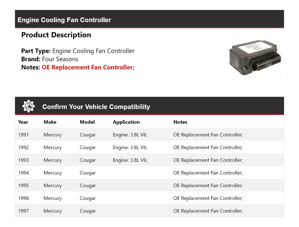 For 1991-1997 Mercury Cougar Engine Cooling Fan Controller 4 Seasons 1992 1993 - Image 2 of 4