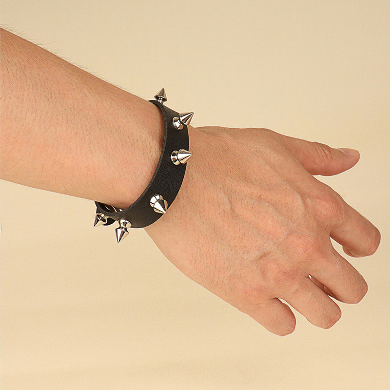 Punk Studded Leather Cuff Bracelet For Women & Men - Wide Adjustable Gothic Rivet Wristband - View #2