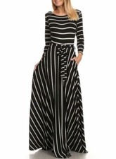Boho Black Gray Striped Fit & Flare Belted Jersey Maxi Dress