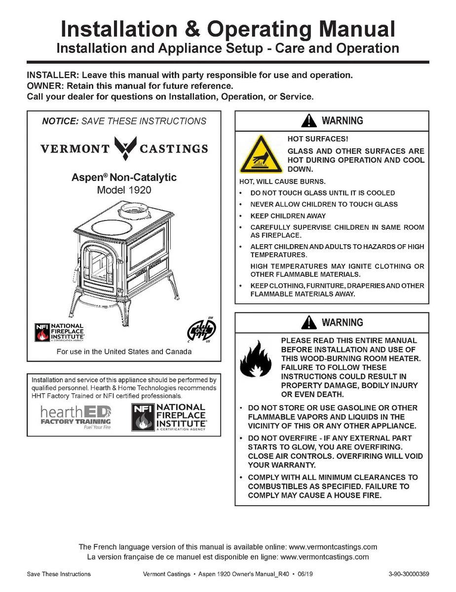 Vermont Castings Aspen Model 1920 Owners Manual Operation Installation  Guide | eBay