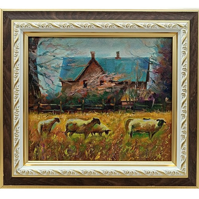 #ad Rural Landscape Oil Painting Signed Sheep Near House Framed Original Art 5x6 $50.00