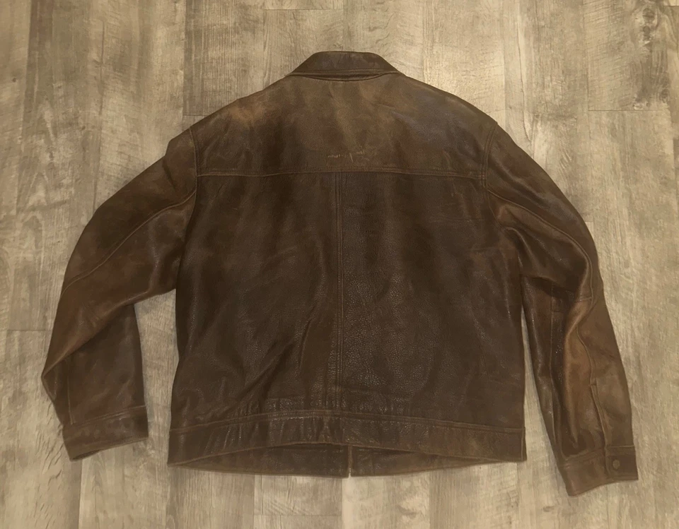 Chaqueta de cuero GUESS para hombre XL marrón envejecido cremallera frontal prendas exteriores aspecto vintage Foto 2 de 4