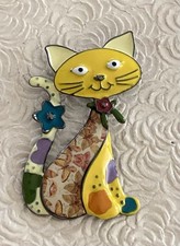 Adorable Cat w/butterflies Brooch / Enamel On Metal