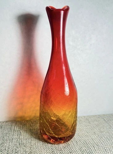 Vintage BLENKO Vase 64A HTF Joel Myers Tangerine Crackle Blown Glass, UV GLOW!
