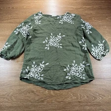 Kindred Petite PS Olive Green Floral Embroidered Boho Peasant Blouse 3/4 Sleeve