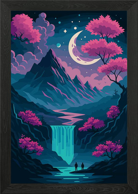 Nachtlandschaft mit Wasserfall und gerahmtem Wandbild Poster Leinwanddruck Bild