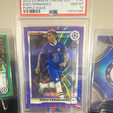 Topps 2022-23 Merlin UCC Enzo Fernandez #147 Purple Wave Refractor /15 RC PSA 10