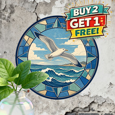 Ocean Coastal Seagull Round Metal Sign Beach House Wall Decor Plaque 8x8