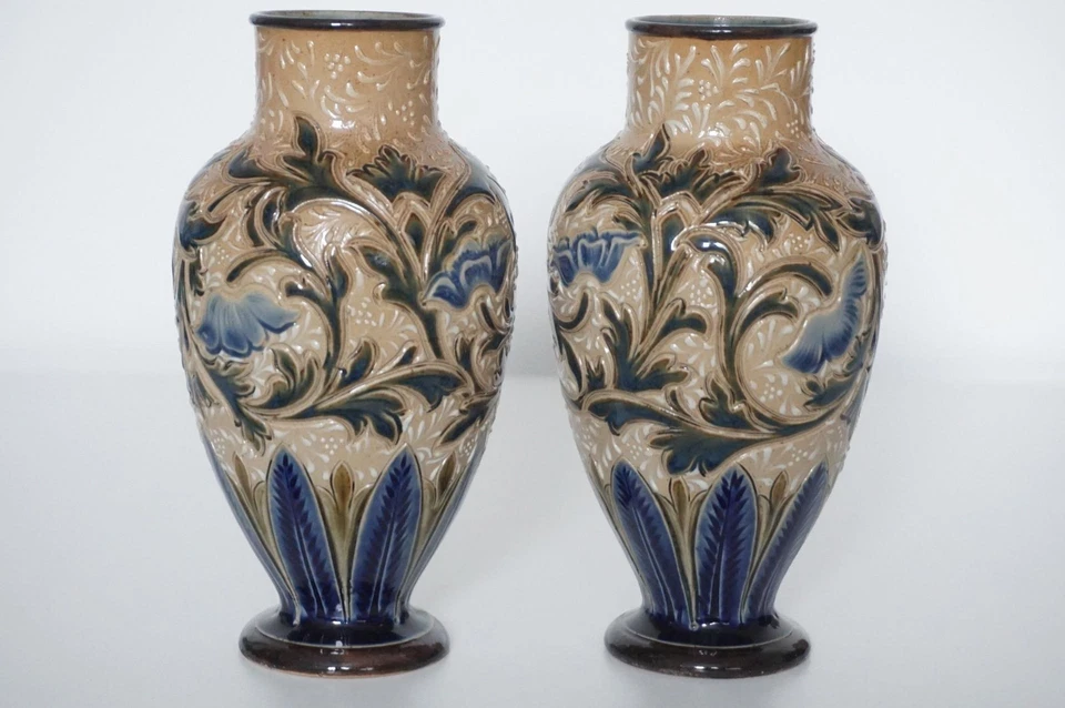 Doulton Lambeth Pair Vases - Alice E.Budden - Incised Floral Design - c.1886 - Image 2 of 4