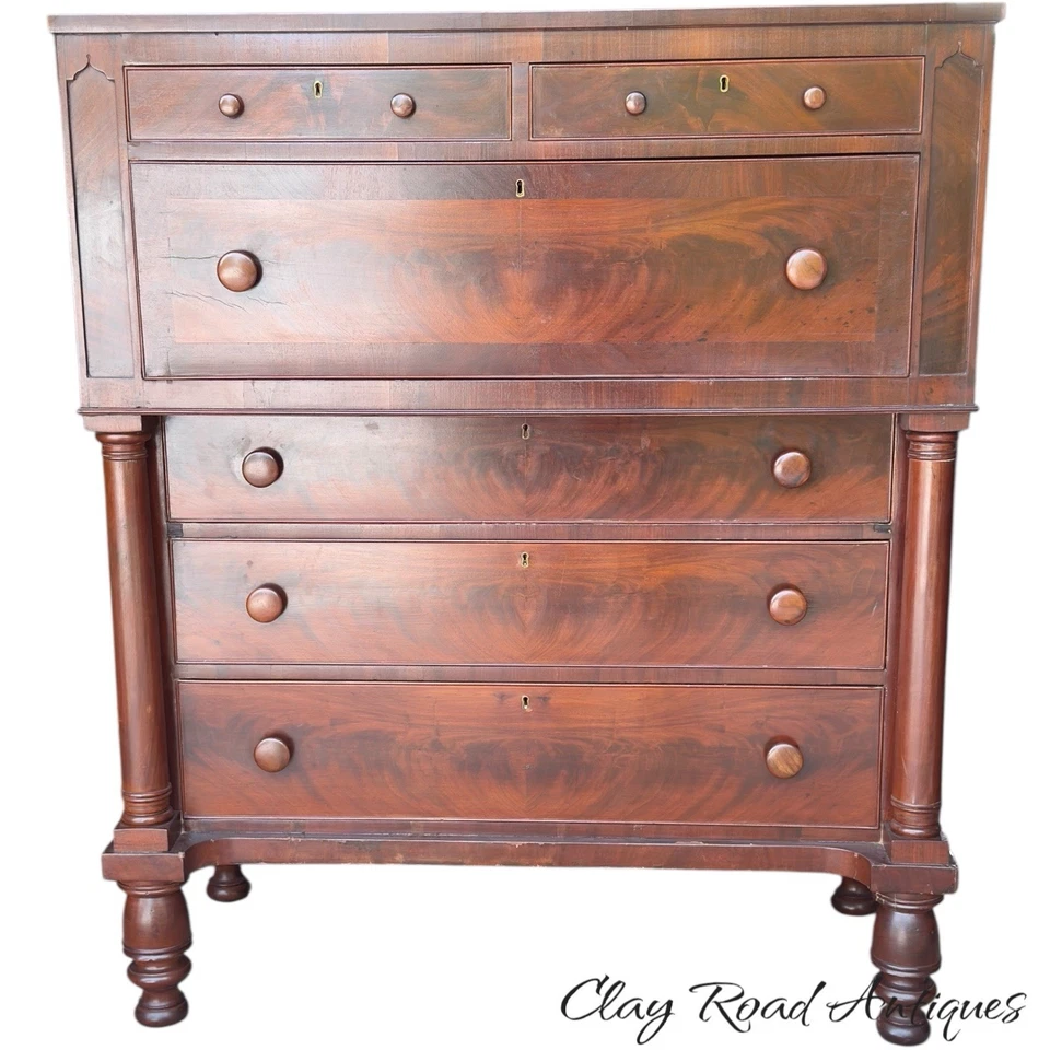 Antique classical Cherry Mahogany Tiger maple butlers desk tall dresser 1830 - Image 3 of 4