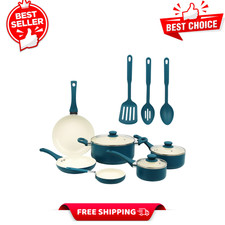 Mainstays 12-Piece Ceramic Nonstick Aluminum Cookware Set Pots & Pans Set, Blue