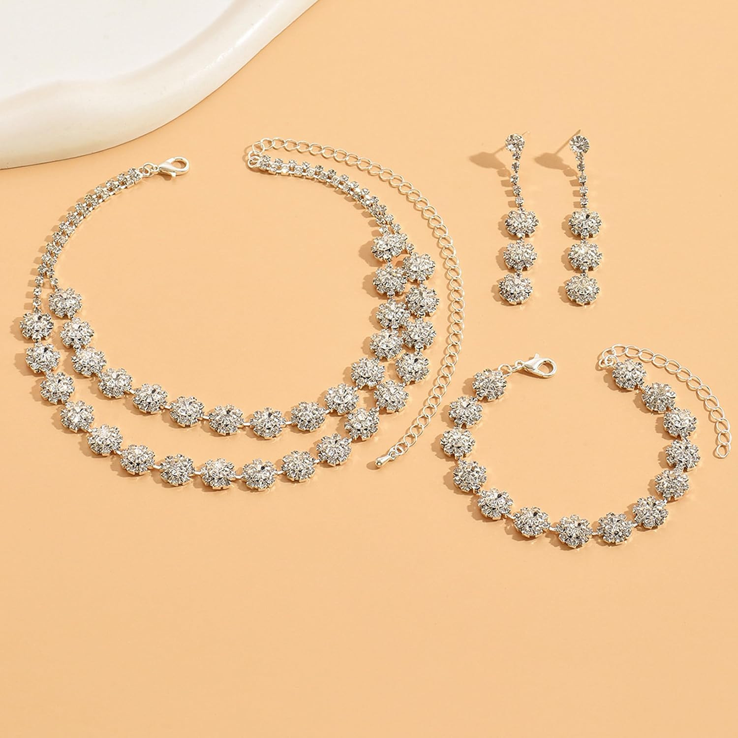 Silver Wedding Jewelry Sets for Brides Rhinestone Necklace Earrings Bracelet Set