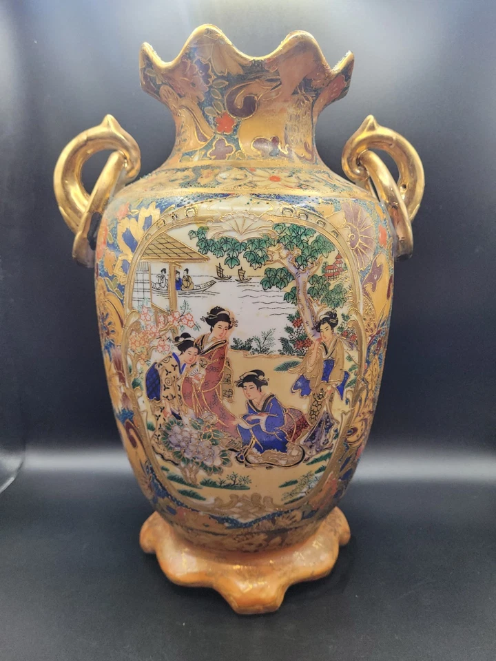Vintage Large Chinese Urn Vase Satsuma 11" Tall A Geisha Girls - Image 3 of 4