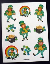 VINTAGE AMSCAN ST. PATRICK'S DAY 10 STICKERS 1 SHEET LEPRECHAUN,POT OF GOLD