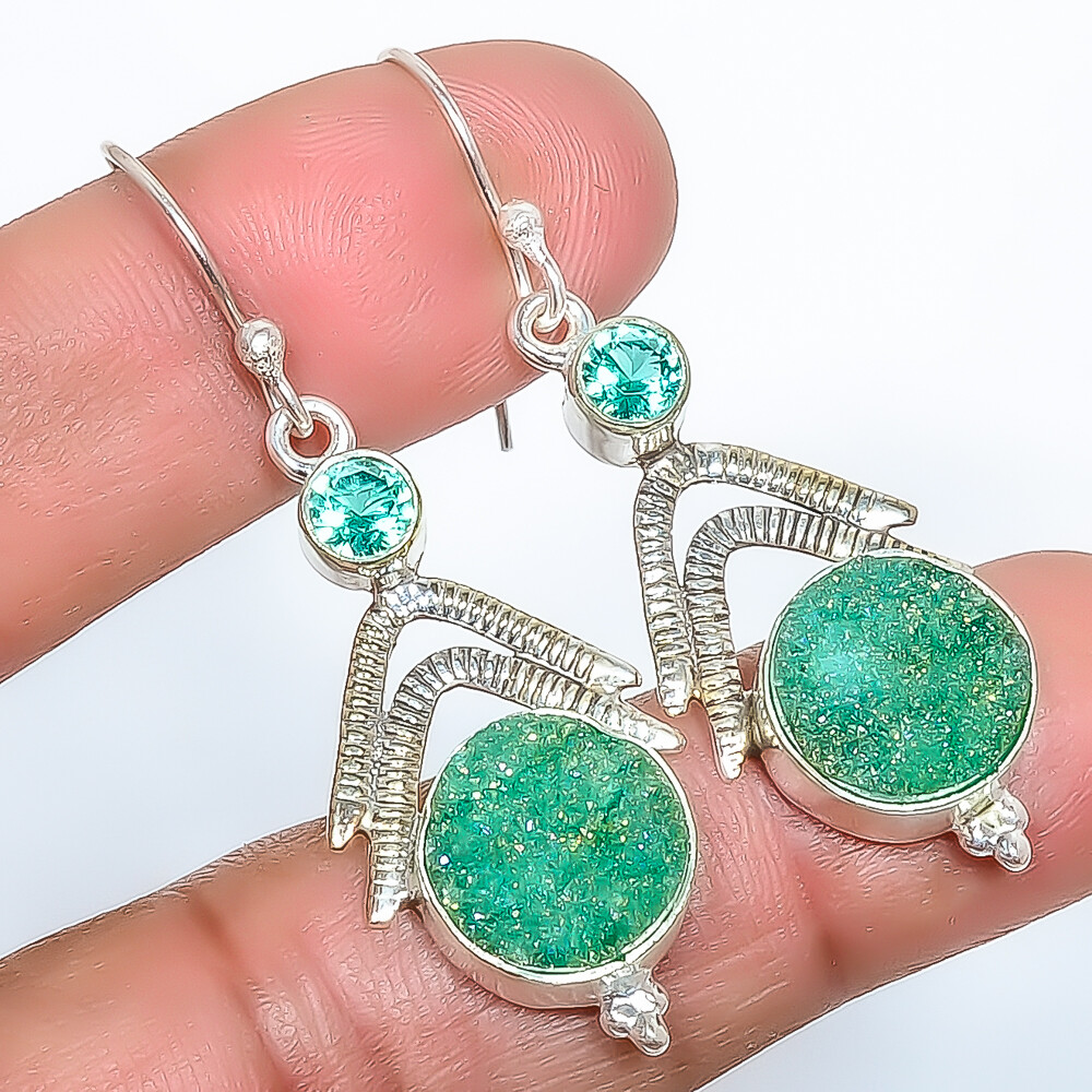 Opalite Green Forest Agate Drusy & Apatite 925 Silver Earring 2.07