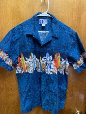 Men "RJC" Hawaiian Colorful surf board shirt. short sleeve. Size XL. Prev. owned