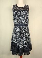 Ann Taylor Floral Flare Dress Lace Sheer Sleeveless Lined Size 10 Black White