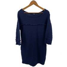 Very J Dress Womens Medium Blue Woven Ruffle Smock Boatneck 3/4 Sleeve Shift