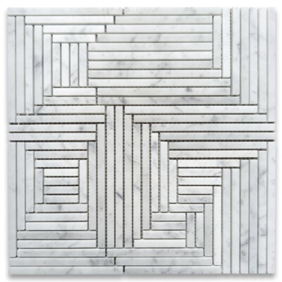 C7PXH Carrara White Marble Maze Mosaic Tile Random Linear Mixed Strip Honed