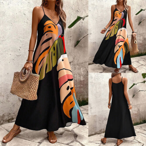 Womens V Neck Printed Boho Maxi Dresses Ladies Loose Casual Loose Long Dress US