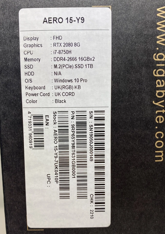Gigabyte AERO 15-Y9 Core i7-8750H,RTX 2080,16GBx2 DDR4+1TB SSD, Windows 10 Pro - Image 3 of 4
