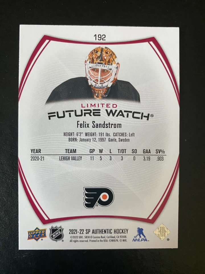 Felix Sandstrom Rookie 2021-22 UD SP Authentic Limited Future Watch #192 Flyers - Image 2 of 2