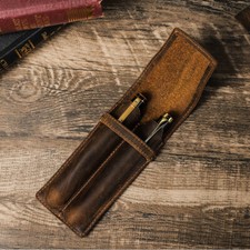 Handmade Real Leather 2 Slots Pen Holder Case Organizer Pouch Pencil Storage Bag