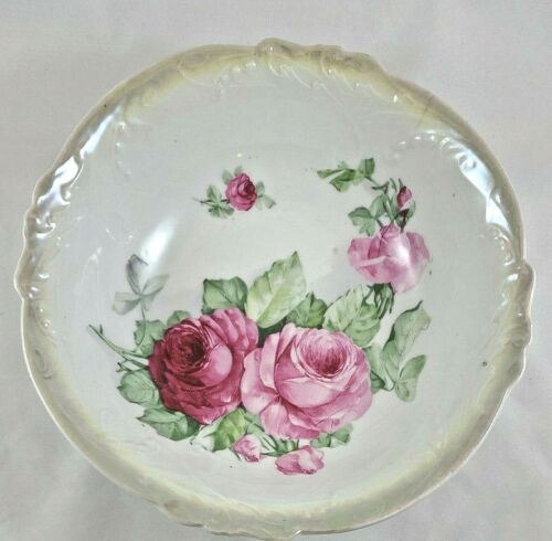 BAVARIA LEHMANN ARZBERG GERMANY LARGE FRUIT BOWL/GREEN&WHITE W/PINK ROSES - Picture 1 of 8