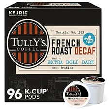 Tully's French Roast Decaf Coffee K Cup Pods Extra Bold 96 Count 100 Arabica